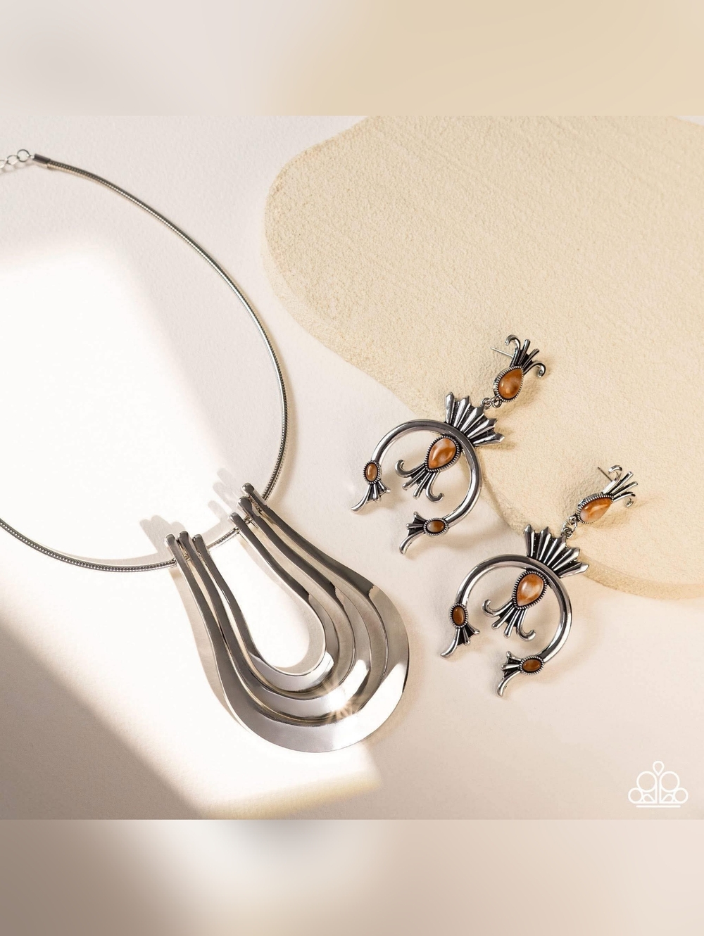 Modern Silver-Tone Multi-Loop Necklace with Amber Accents - Women